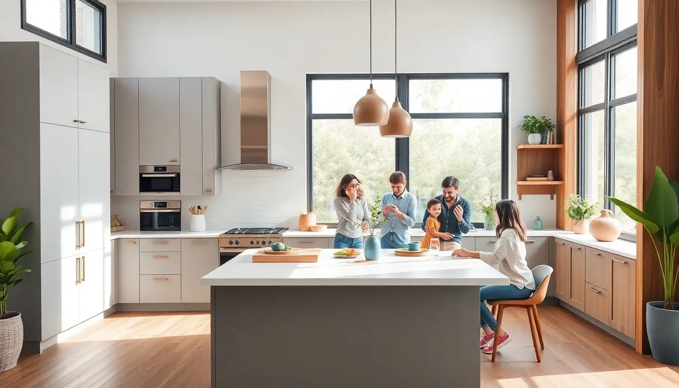 modern kitchen featuring the latest cabinet trends with family interaction.