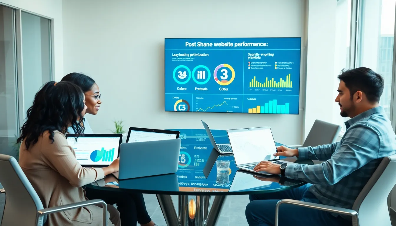 diverse web development team optimizing website performance in a modern office.
