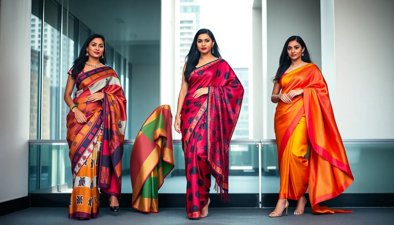 three women wearing modern sarees in a stylish urban setting.