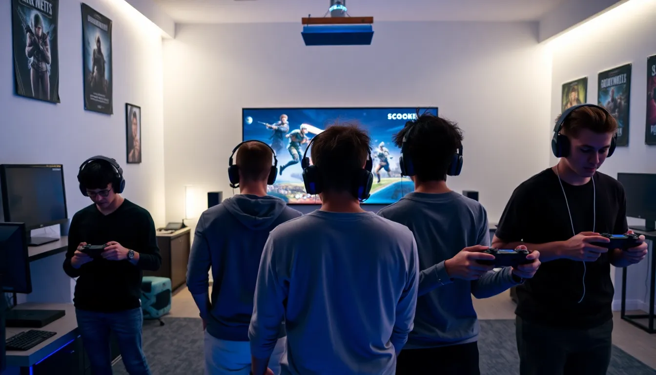 diverse group of gamers using Scookiegear products in a modern setup.