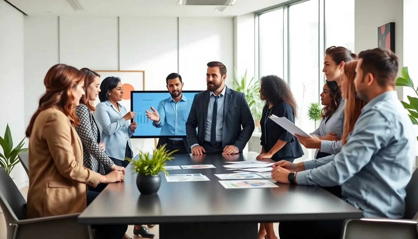diverse team discussing leadership styles in a modern office setting.