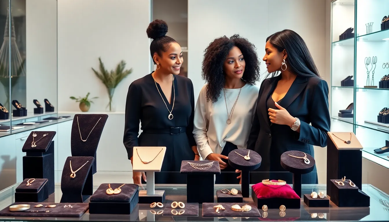 two women discussing jewelry trends in a modern boutique.