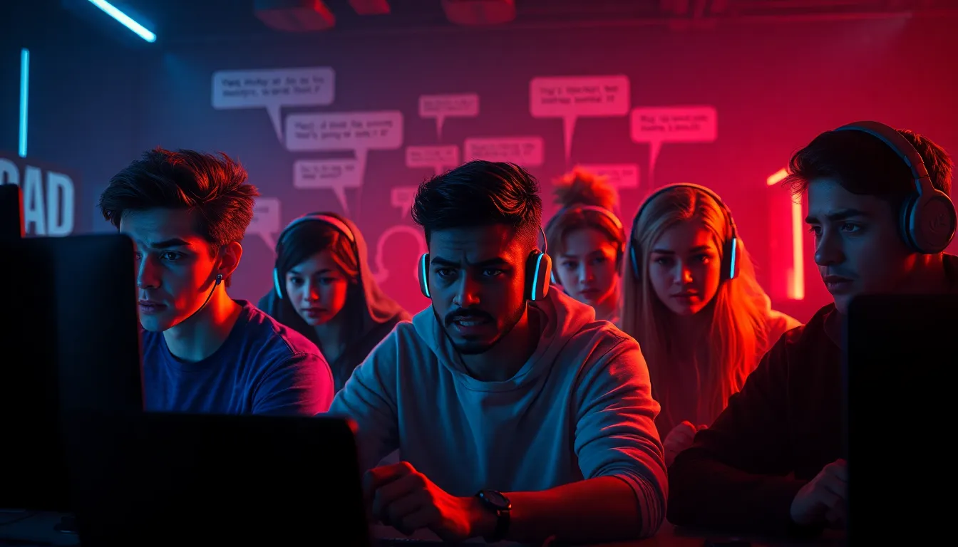 diverse gamers expressing frustration in a tense gaming environment.