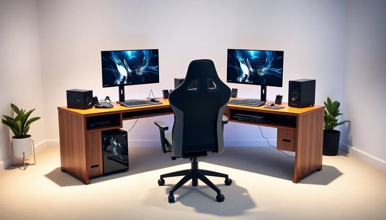 modern L-shaped desk setup for gaming in a stylish room.