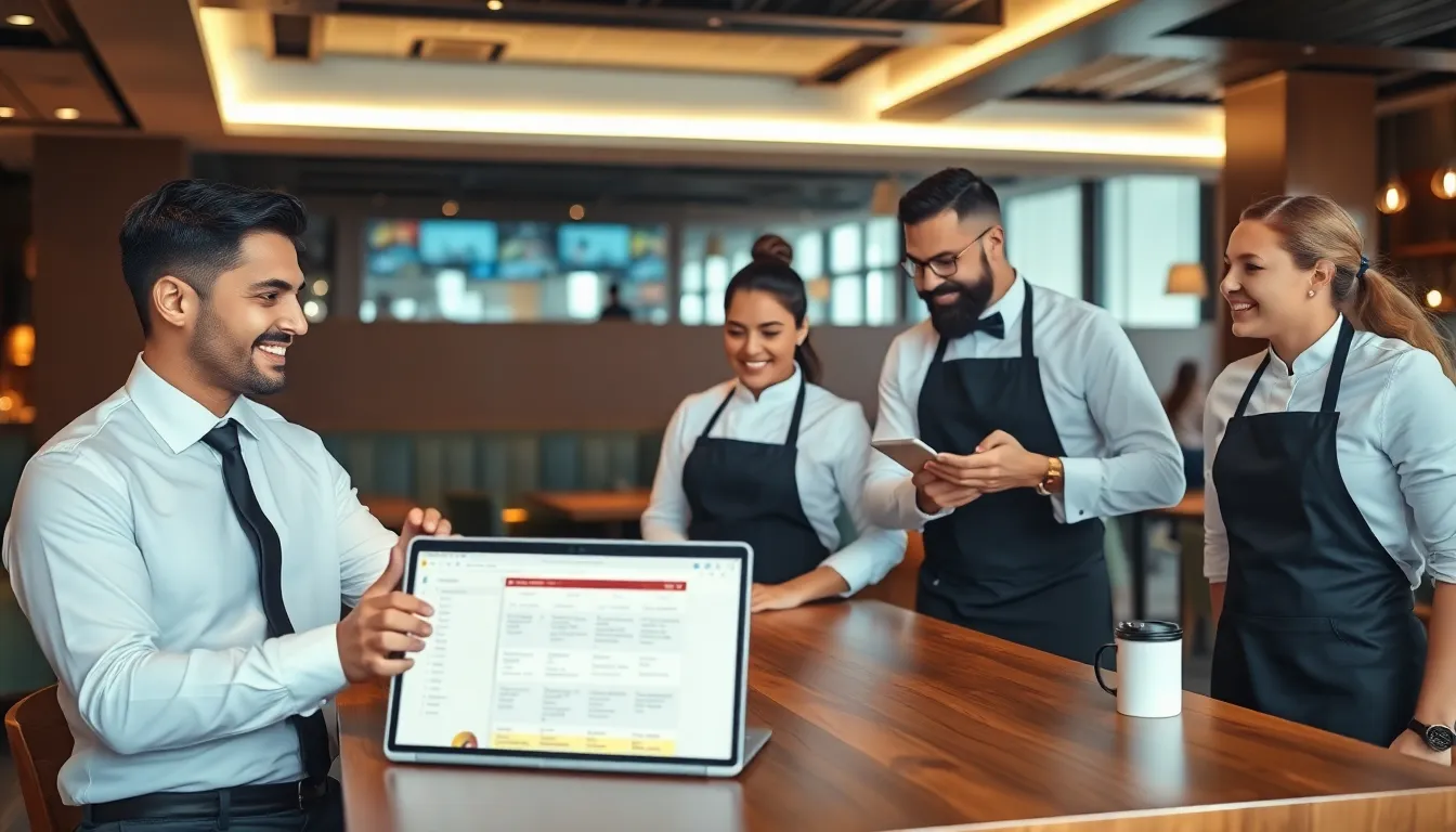 restaurant leaders collaborating in a modern dining setting.
