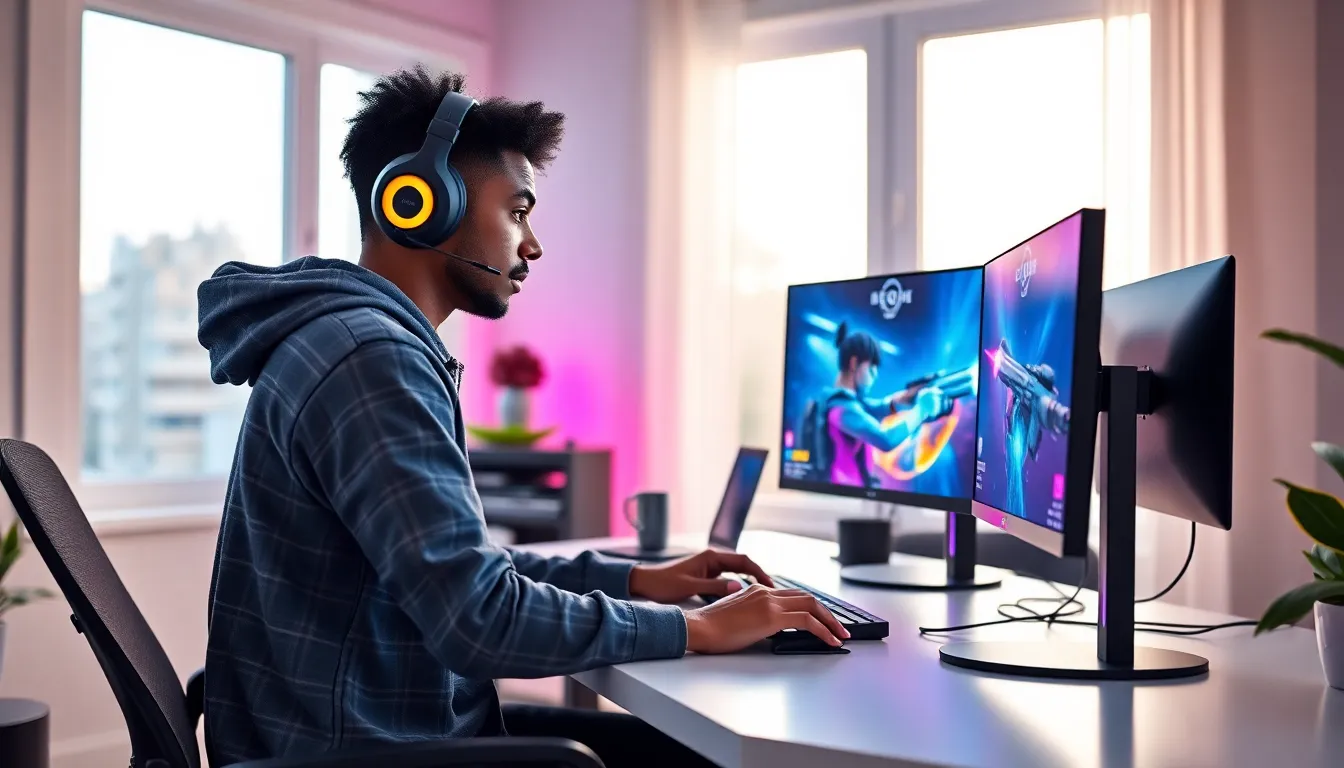 gamer in a modern home office with dual monitors.