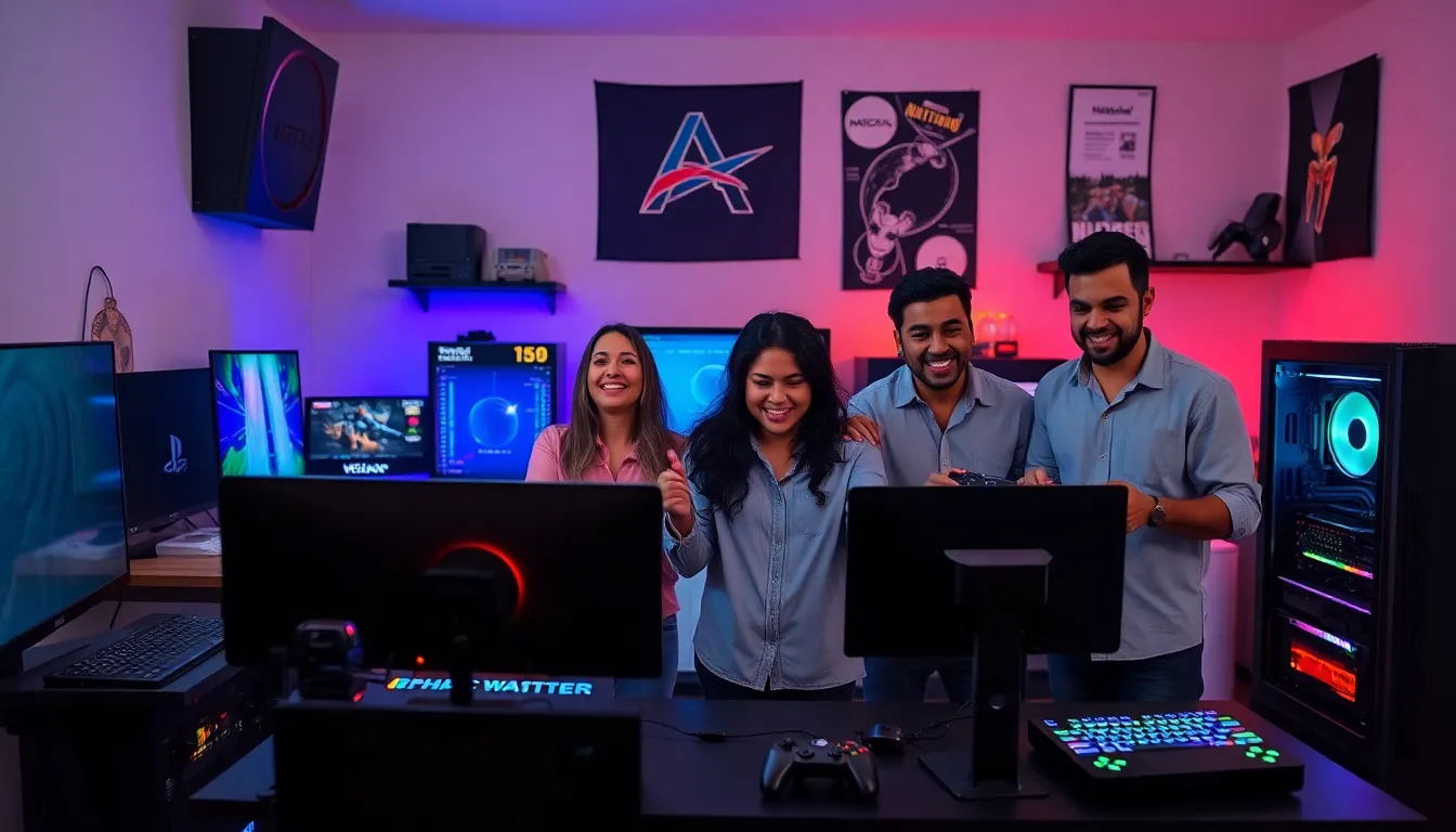 diverse professionals engaging with advanced gaming technology in a modern setup.