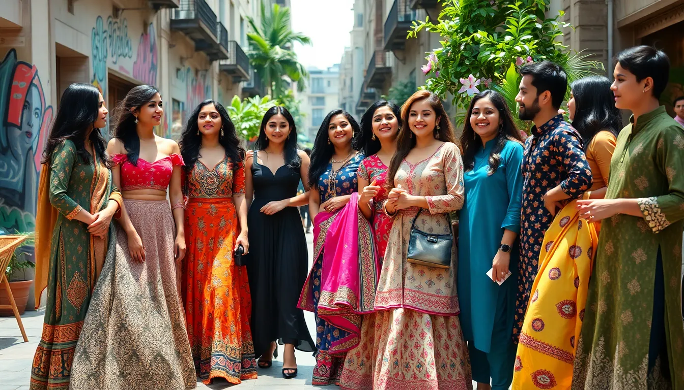 diverse group showcasing contemporary Indian fashion trends in an urban setting.