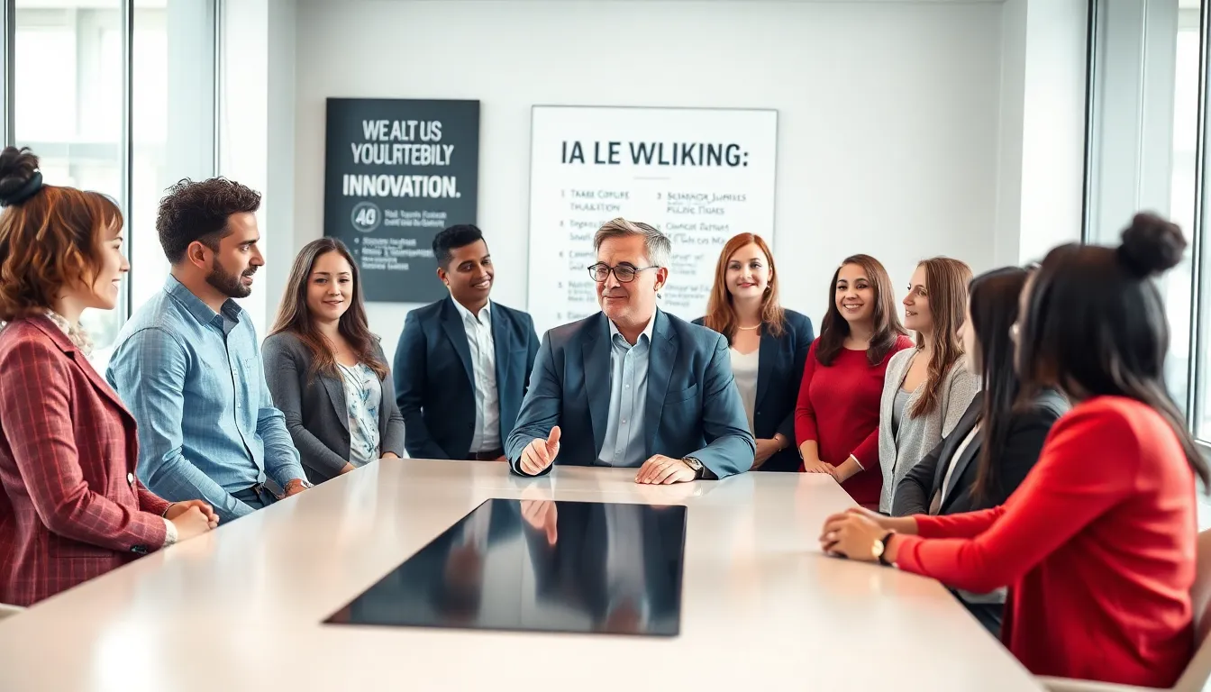 diverse team in a bright office discussing leadership and vulnerability
