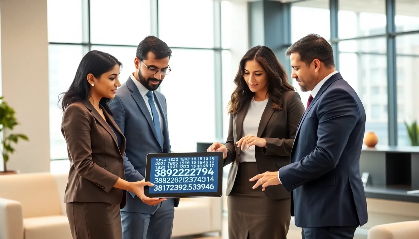 diverse professionals discussing theoretical mathematics in a modern office.